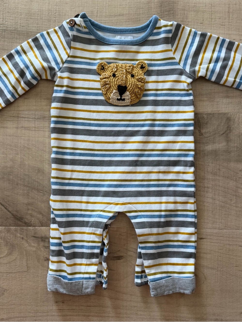 Mud Pie Blue, Gray & Mustard Striped Lion Footie